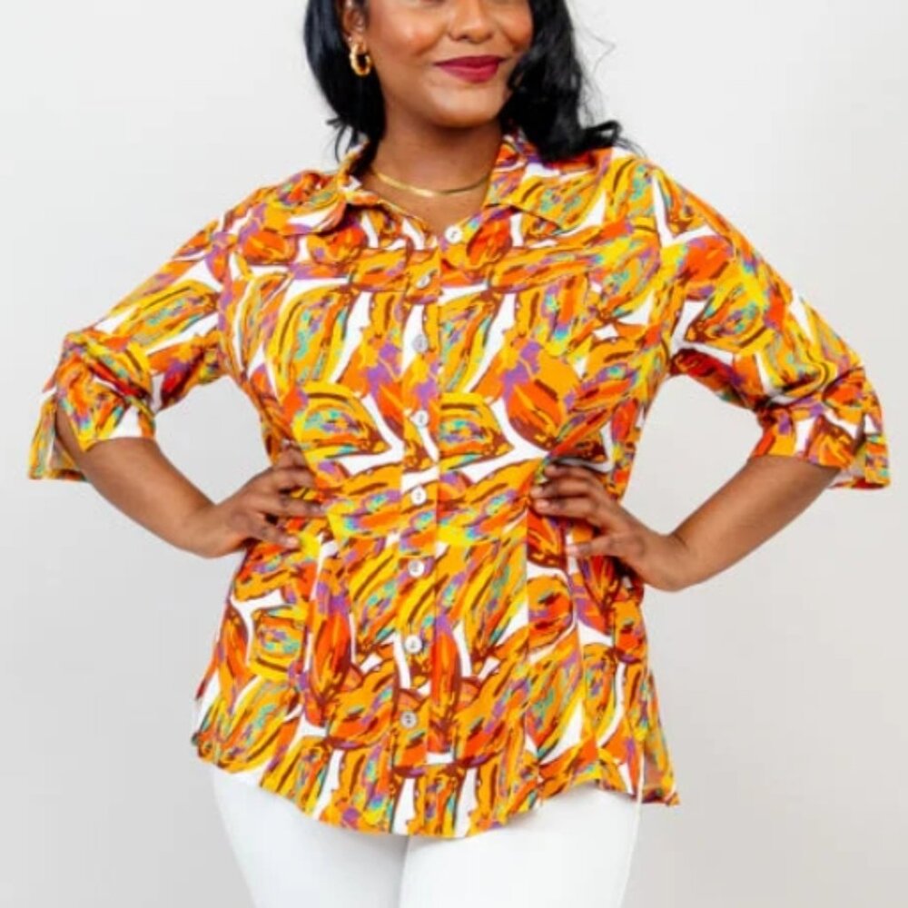 Lorraine Linen-Bamboo Blouse - Orange Crushed! - Picture 2 of 14